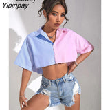 Yipinpay 2023 Summer New Streetwear Short Sleeve Women Shirt Y2K Patchwork Button Up Woman Crop Tops Blouse Party Female Clothing