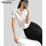 Yipinpay 2023 Summer Streetwear Short Sleeve Slim Women's White Shirt Korea Style Button Woman Crop Top Blouse Y2K Sexy Clothing