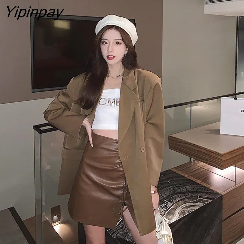 Yipinpay 2023 Autum Oversize Full Sleeve Long Black Blazer Women Korean style Solid Suit Blazers Winter Female Clothing Coat