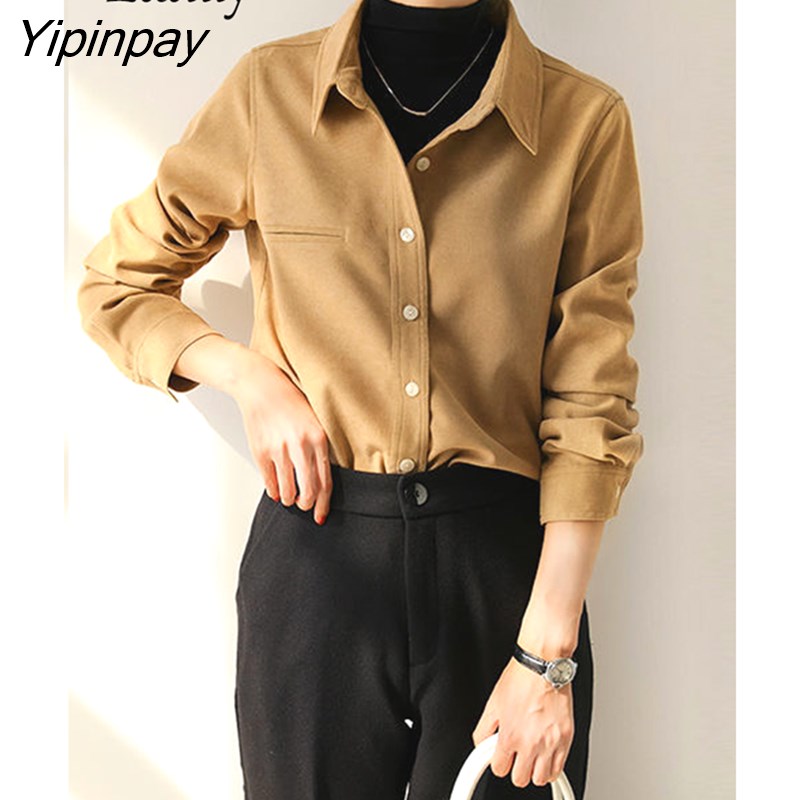 Yipinpay 2023 Winter Office Lady Long Sleeve Thick Shirt Women Korean Style Button Up Tunic Blouse Fall Work Female Clothing Tops
