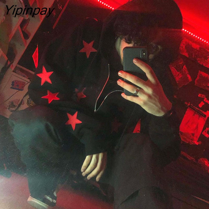 Yipinpay Fashion star graphic fairy grunge Men Women Long-sleeved Zip Hoodie Jacket OverSize Streetwear Y2K clothes emo Pullover