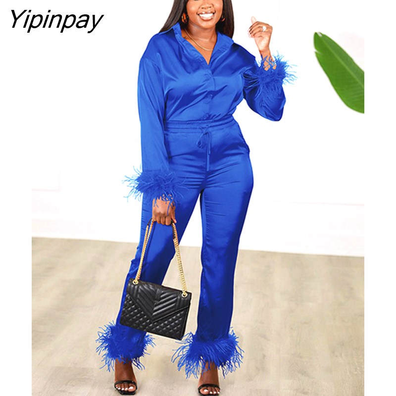 Yipinpay Women Fashion Satin Feather Splicing Shirt Two Piece Set Casual Single Breasted Lapel Blouse Pants Suits Lady High Street Outfit