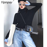 Yipinpay 2023 Winter Minmalist Fake Two Pieces Turleneck Sweater Women Korean Style Long Sleeve Ladies Knit Pullovers Female Tops