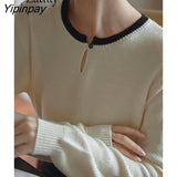 Yipinpay 2023 Winter Minimalist New In Patchwork Long Sleeve Women Sweaters Korea Style O Neck Button Knit Pullovers Female Tops