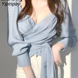 Yipinpay 2023 Summer Korean style Long Sleeve V Neck Chiffon Blouse Women Casual Transparent Slim Ladies Shirts Female Clothing