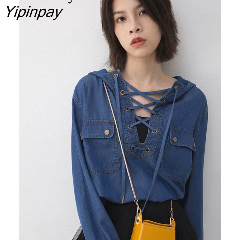 Yipinpay Street Style Long Sleeve Denim Hooded Shirt Women Loose Bandage Pocket Pullover Blouse 2023 Summer Female Clothing Tops