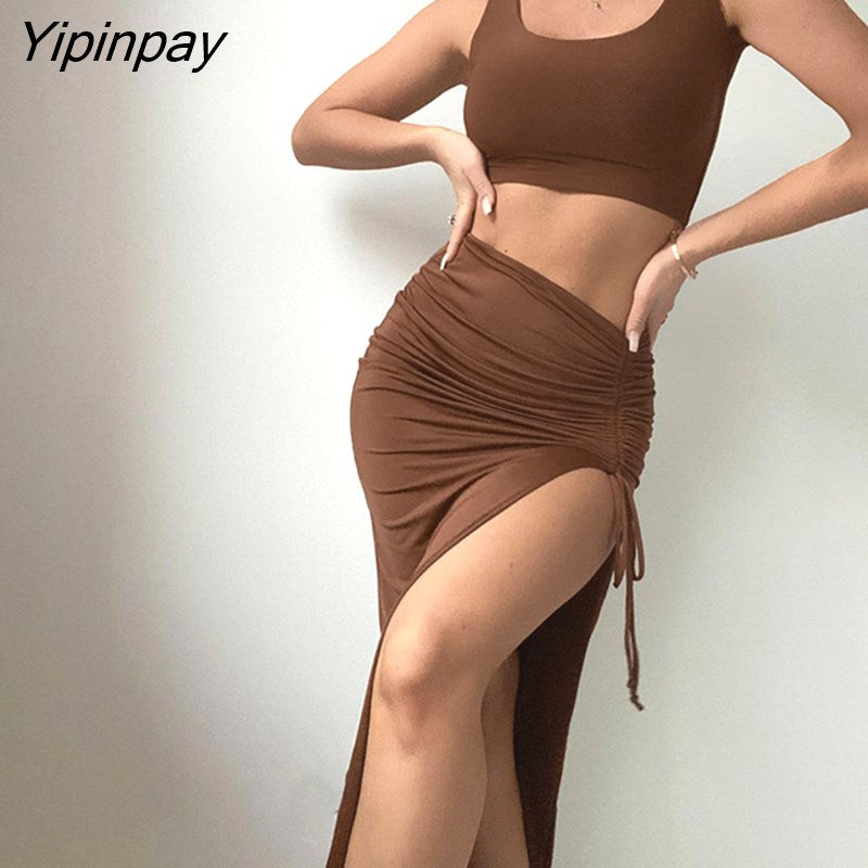 Yipinpay Black Brown Two Piece Bodycon Set Sexy Short Corset Tank Tops Ruched Slit Long Skirts Women High Waist 2pcs Outfits Sets
