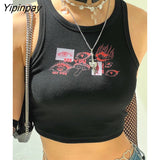 Yipinpay Eye Portrait Print T-shirt Aesthetic Y2K Crop Tops Short Sleevle Vest Tees Harajuku Streetwear Suspenders Women Clothes