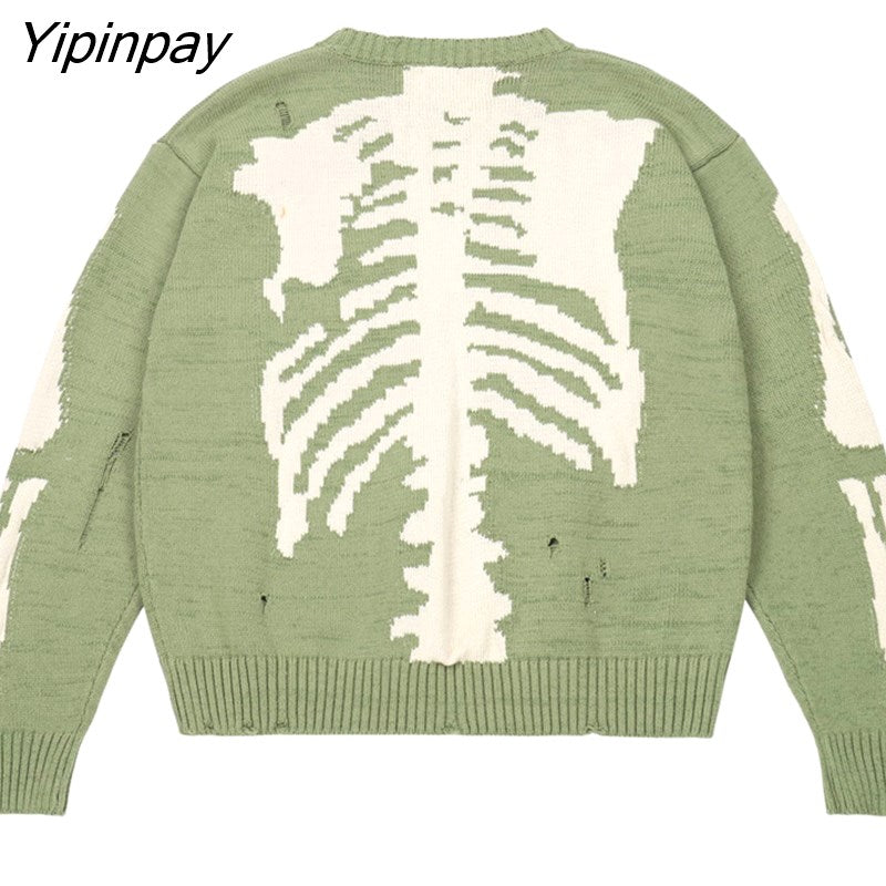Yipinpay Men Sweater Green Loose Skeleton Bone Printing Woman High Quality High Street Damage Hole Vintage 1:1 Knitted Sweater