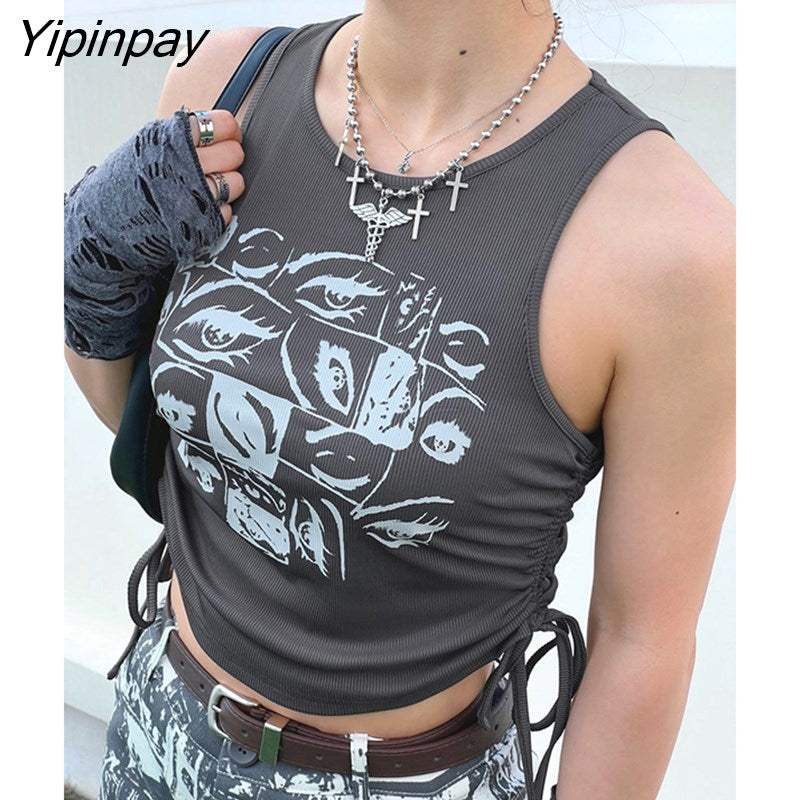 Yipinpay Eyes Print Tops Fairy Grunge Graphic Y2K Crop Tops Short Sleevle Vest Tees Harajuku Streetwear Suspenders Women Clothes