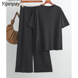 Yipinpay Piece Loose Knit Set Women Baggy Slit Tops And Wide Leg Pants High Waist Streetwear Summer 2023 Knitwear Outfits Black Sets