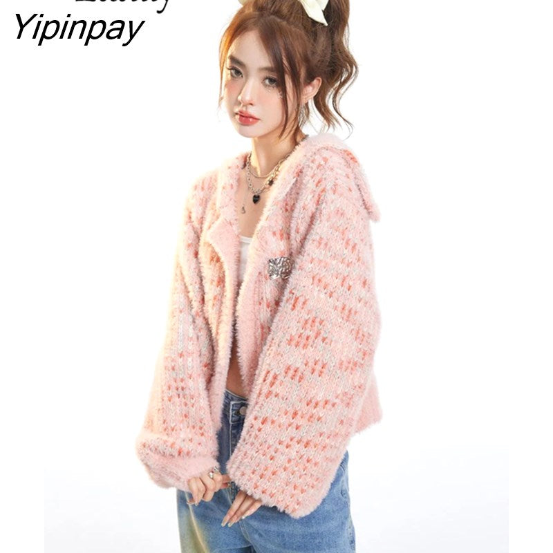 Yipinpay 2023 Winter Casual Long Sleeve Women Short Sweater Korean Style Zipper Up Ladies Knit Cardigan Coat Female Clothing Tops
