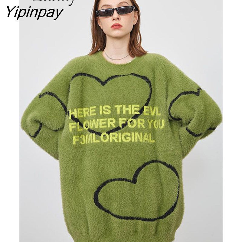 Yipinpay 2023 Winter Casual Long Sleeve Mohair Women Shirt Oversize Letter Embroidery Loose Ladies Knit Pullover Female Thick Tops