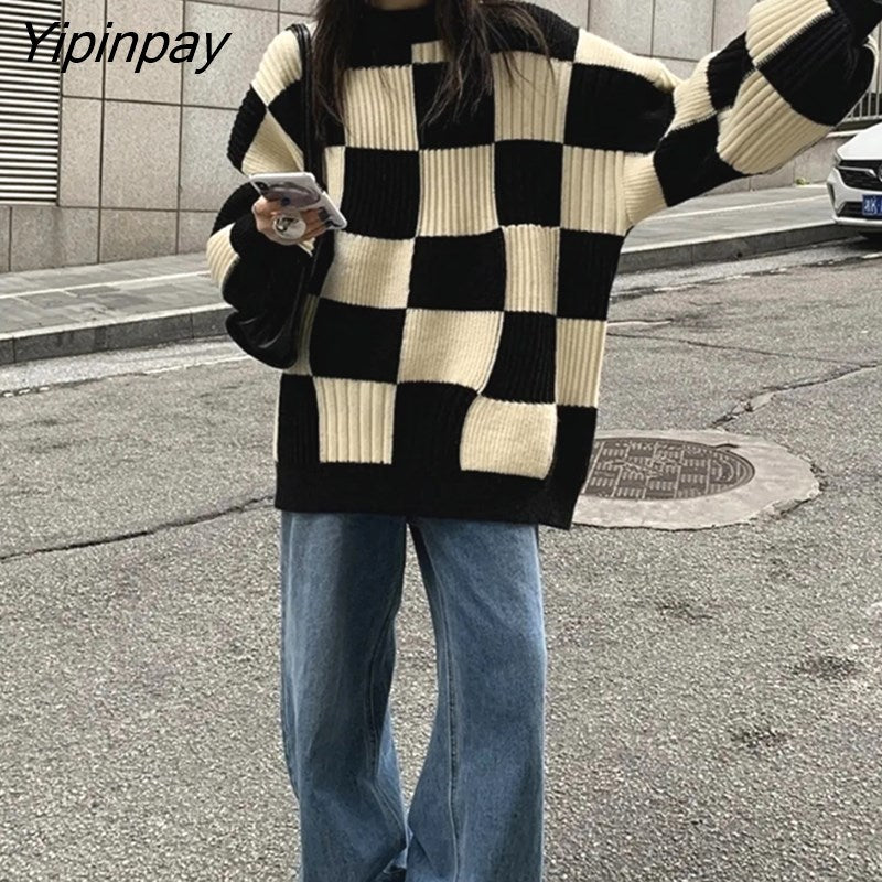 Yipinpay 2023 Winter Korean style Loose Plaid Sweater Women Casual Full Sleeve Oversize Long Knit Pullover Female Clothing Tops