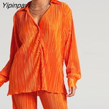 Yipinpay Pleated Printed Suit Women Long Sleeve V Neck Blouse And High Waist Pants Two Piece Sets Female Elegant Trousers Outfits