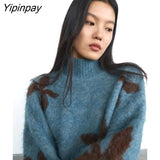 Yipinpay 2023 Winter Long Sleeve Floral Embroidery Sweater Women Vintage Loose Turtleneck Knit Ladies Pullover Female Clothing Top