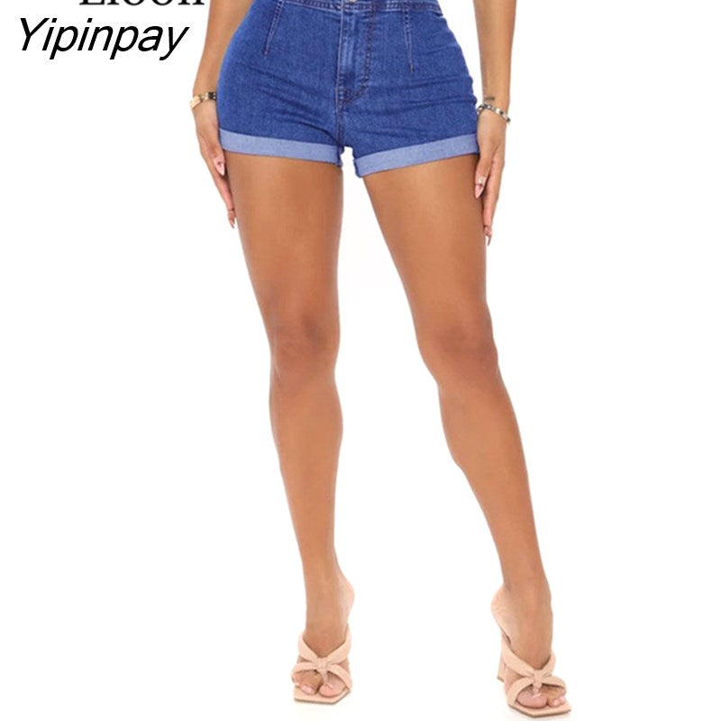 Yipinpay Cotton Stretch Button Up Cuffed Denim Shorts Women High Waist Bottom Summer With Pockets Streetwear Sexy Skinny Jean Shorts