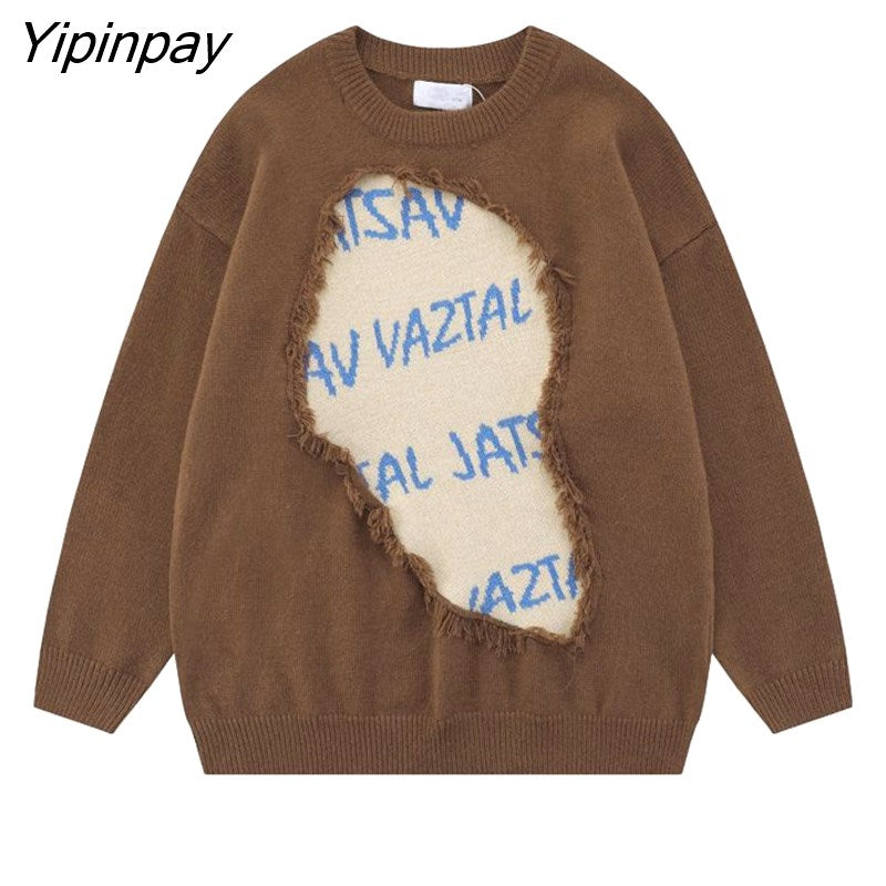 Yipinpay 2023 Winter Streetwear Long Sleeve Frayed Sweater Women Oversize O Neck Letter Ladies Pullover Fall Female Clothing Tops