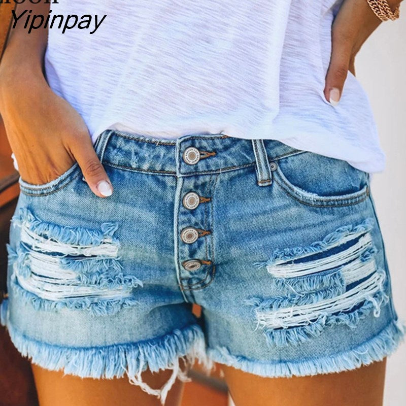 Yipinpay Blue Ripped Denim Shorts With Tassel Pockets Women 2023 Summer Streetwear High Waist Button Up Sexy Hole Rave Jean Shorts