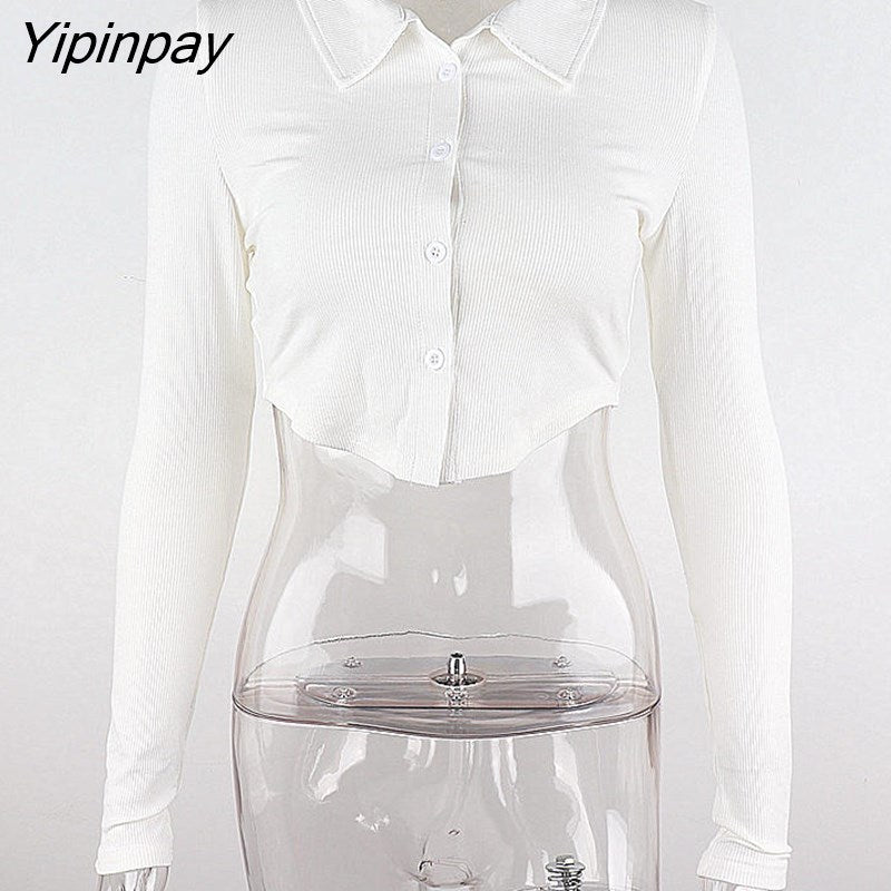 Yipinpay 2023 Summer New Long Sleeve White Shirt Women Slim Button Knit Ladies Crop Tops Sexy Party Female Blouse Clothing