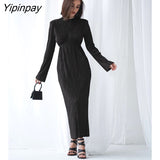 Yipinpay 2023 Spring New Sexy Full Sleeve Women Long Pleated Dress Elegant Solid Color Slim Waist Backless Party Woman Dresses