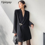 Yipinpay 2023 Autum Oversize Full Sleeve Long Blazer Women Minimalist Style Solid Sequined Suit Blazers Winter Female Clothing