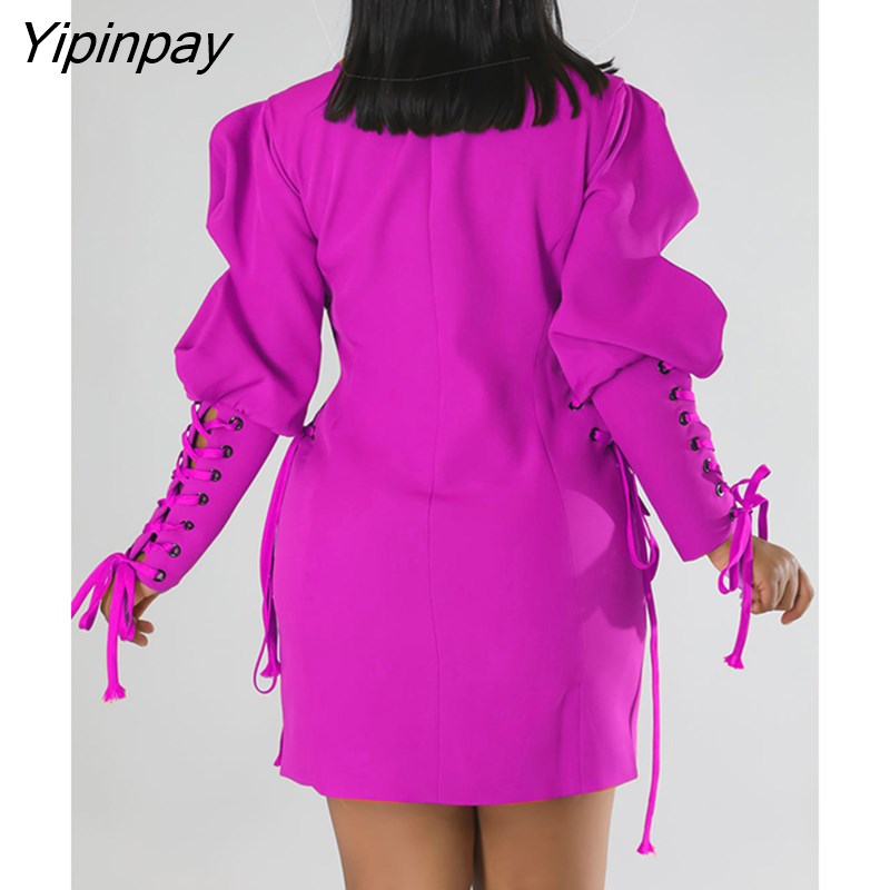 Yipinpay Vintage Lace Up Puff Sleeve Female Mini Dress V Neck Single Breasted Bodycon Dresses Sexy Pockets Sexy Suit Fabric Robe