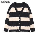Yipinpay 2023 Winter Korean Style Long Sleeve Women Knit Cardigan Coat Casual Button Up Striped Loose Ladies Sweater Female Tops