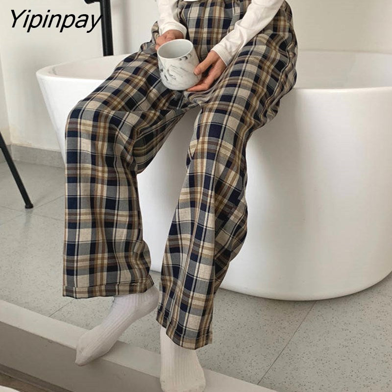 Yipinpay Female Sweatpants Hip Hop Streetwear fashion Aesthetic High Waisted Y2k korean Clothing Harajuku Women Pants Plaid