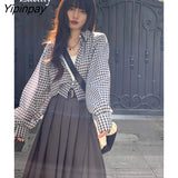 Yipinpay 2023 Summer Long Sleeve Plaid Chiffon Shirt Women Korean style Button Up Ladies Crop Tops Causal Female Clothing Blouse