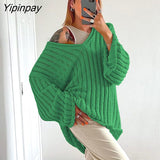 Yipinpay Women Ripped Knit Baggy Sweater Pullovers Long Sleeve Tops Female Jumper V Neck Autumn Winter Streetwear Knitted Sweaters