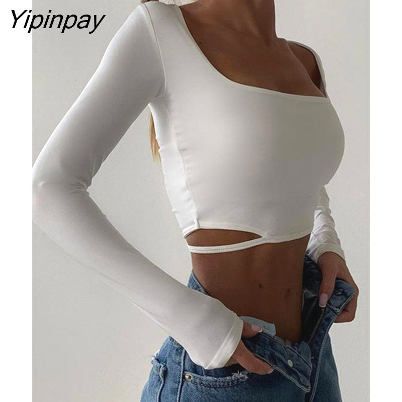Yipinpay Women's Square Collar Y2K Crop Tops Tees Sexy Slim Long Sleeve Basic T Shirt Female T Shirt Autumn Solid Fashion Streetwear