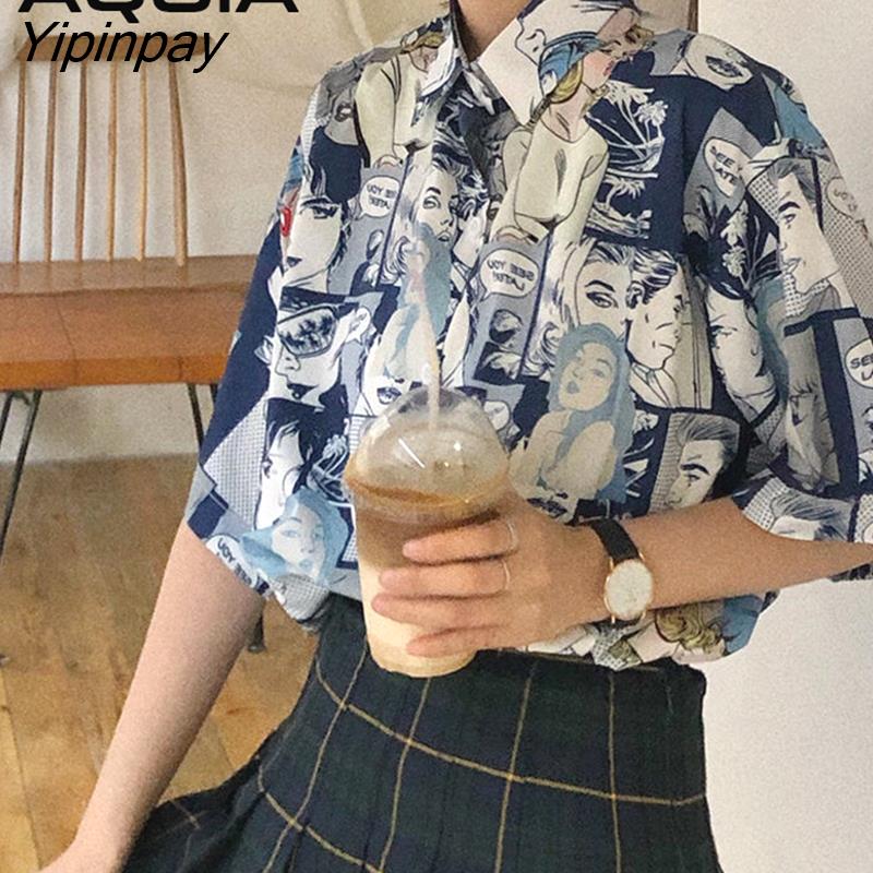 Yipinpay Japanese style Cartoon print Women Shirt Vintage Short Sleeve Button Up Y2K Womens Blouse 2023 Summer Loose Female Shirts