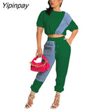 Yipinpay Women Cropped Blouse And Pants Two Piece Set 2023 Summer Tee And Jogger Pants Tracksuit Outfits Female Denim Patchwork Sweatsuit