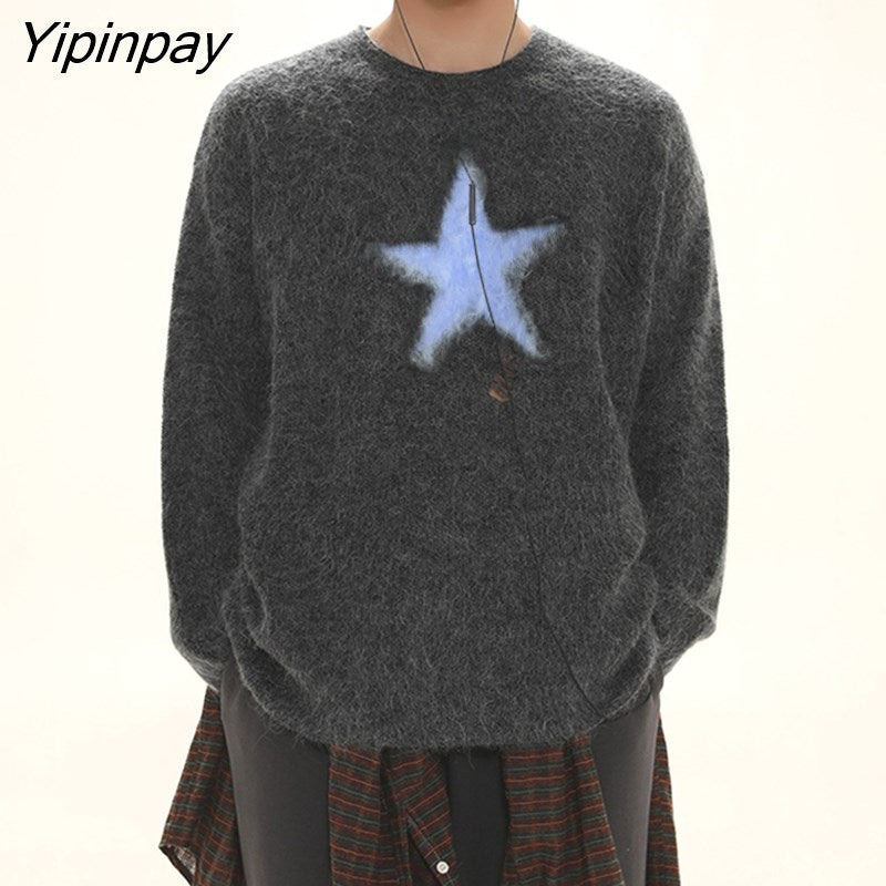 Yipinpay Clothes Men Oversized Star Sweater Black Loose Grey Women Vintage Retro Knitted Sweater 2023 Autumn Cotton Pullover Unisex