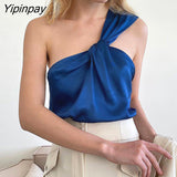 Yipinpay Asymmetric One Shoulder Satin Tank Women Top Summer Streetwear Sleeveless Backless Black Blue Basic Vest Sexy Camis Tops