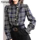 Yipinpay 2023 Summer Elegant Long Sleeve Ruffles Work Shirt Women Office Lady Button Up Plaid Shirt Blouse Casual Female Clothes