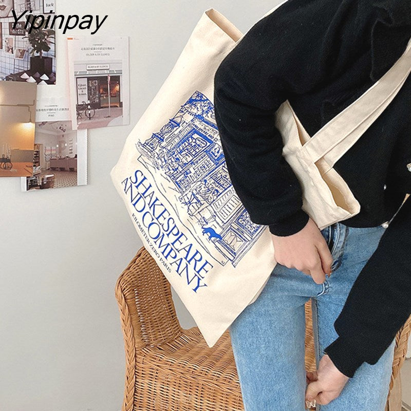 Yipinpay Women Canvas Shoulder Bag Shakespeare Print Ladies Shopping Bags Cloth Harajuku Fabric Grocery Handbags Tote Books Bag For Girls