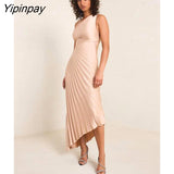 Yipinpay Solid Irregular Pleated Bodycon Dress For Women Sexy Sleeveless Satin Dress 2023 Summer Female Chic Party Robe Vestidos