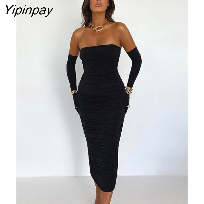 Yipinpay Strapless Backless Tight Dress Woman Sexy Fold Off Shoulder Fashion Dresses Lady Club Bar Banquet Summer Gloves Outfit