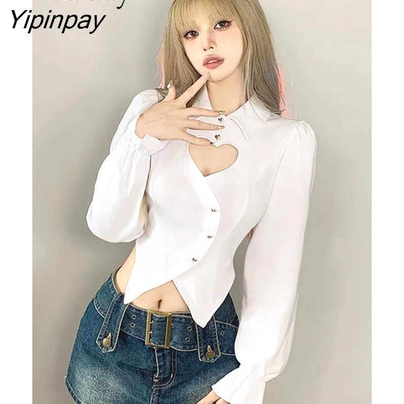 Yipinpay 2023 Spring Sweet Long Sleeve Hollow Out White Shirt Women Korea Style Slim Button Up Ladies Crop Tops Autumn Clothing