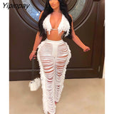 Yipinpay Summer Tassel Feather Women 2 Sets Sexy V Neck Bra Top And Hollow Out Pants Set Female Fashion Beach Party Outfits