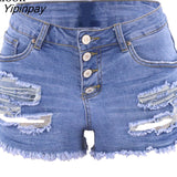 Yipinpay Blue Ripped Denim Shorts With Tassel Pockets Women 2023 Summer Streetwear High Waist Button Up Sexy Hole Rave Jean Shorts