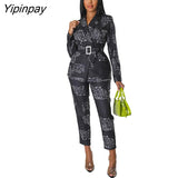 Yipinpay Women Single Breasted Printed Blazer Two Piece Set Female Lapel Blazer Straight Pants Suits Office Lady Outfits Streetwear