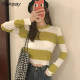 Yipinpay Spring Korean style Striped Women Sweater Long Sleeve Slim Short Womens Knitted Sweaters INS Fashion Female Pullovers