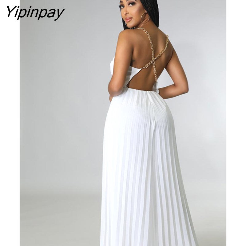 Yipinpay Women Elegant Halter Backless Jumpsuits Sexy Solid Sleeveless Wide Leg One Piece Pants Female Fashion Pleated Wrap Waist Romper