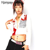 Yipinpay Y2K Bloodstain Print Long Sleeve Shirt Women Sexy Slim Button Female emo Crop Top Shirts 2023 Summer Club Blouse Tops