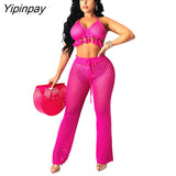 Yipinpay Summer Tassel Feather Women 2 Sets Sexy V Neck Bra Top And Hollow Out Pants Set Female Fashion Beach Party Outfits