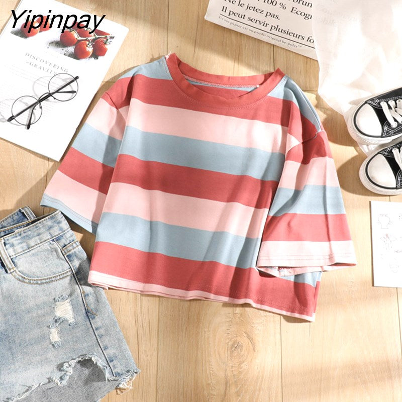 Yipinpay Women Tshirt Short Y2k Aesthetic Short Sleeve Tops Tees Stripe Harajuku Kawaii Oversize Dropshipping Vintage Female Clothing