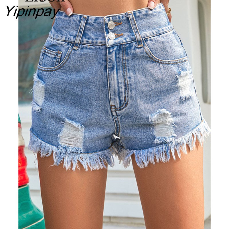 Yipinpay Women Button Up Ripped Tassel Jeans Shorts Summer Streetwear Pockets Blue Distressed High Waist Sexy Hole Denim Shorts